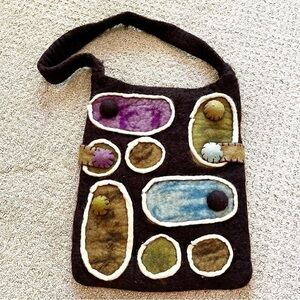 Rising Tide Felted Wool Handbag Brown Purple Applique Artsy Nepal Funky Festival